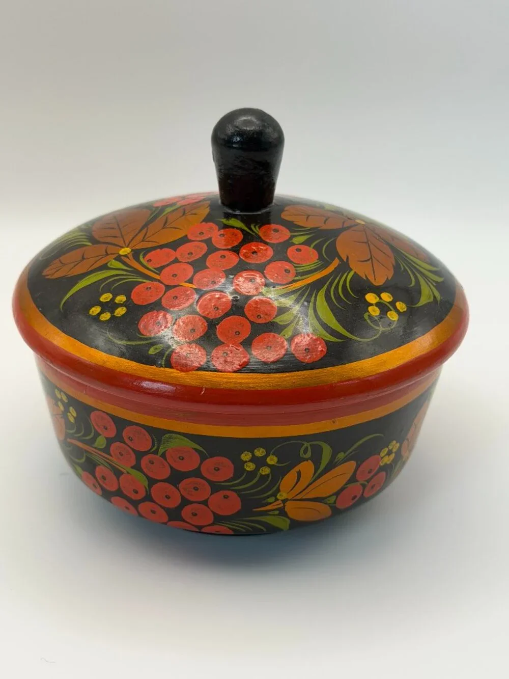 Vintage Russian Khokhloma Hand Painted Wooden Lidded Bowl Folk Art Black Red
